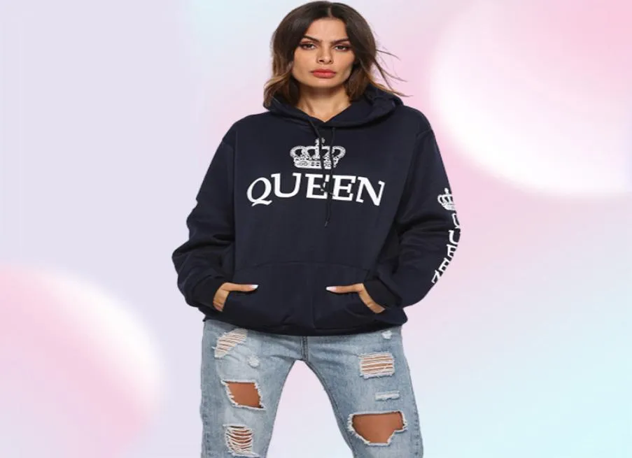 Lente nieuwe vrouwenmannen hoodies king queen geprinte sweatshirt minnaars paren hoody sweatshirt casual pullover sportkleding tracksuits y6635416