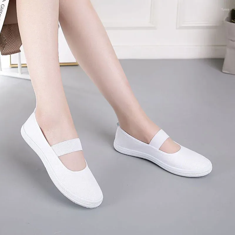 Lässige Schuhe Frauen Ballett Flats White Canvas Elastic Band Slip-on bequeme Turnschuhe ohne Schlupfweiche Sohle Tanz