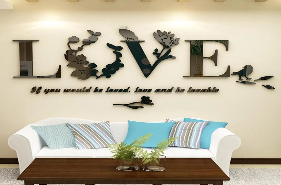 3D LEAF LOVE Wall Autocollants Lettrage Art Quote Autocollant pour le salon chambre à coucher acrylique mural mural amovible art art intérieur décor4598654