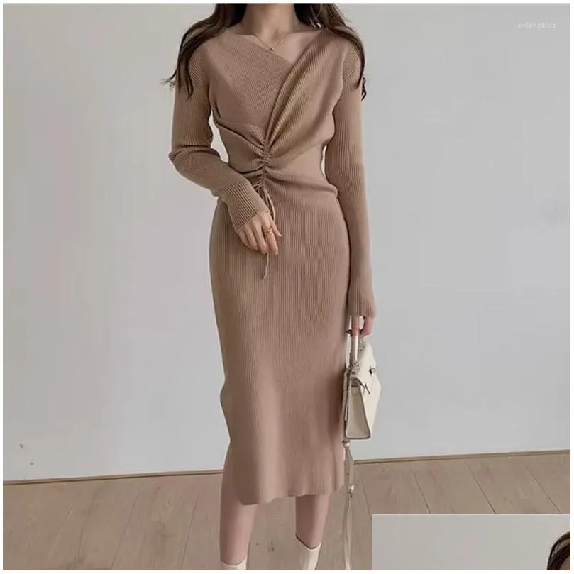 Grundläggande avslappnade klänningar kvinnor V-ringning DString Knitklänning Korean Elegant långärmad höst Fashion Bodycon Sticking tröja Drop Delivery Otuht