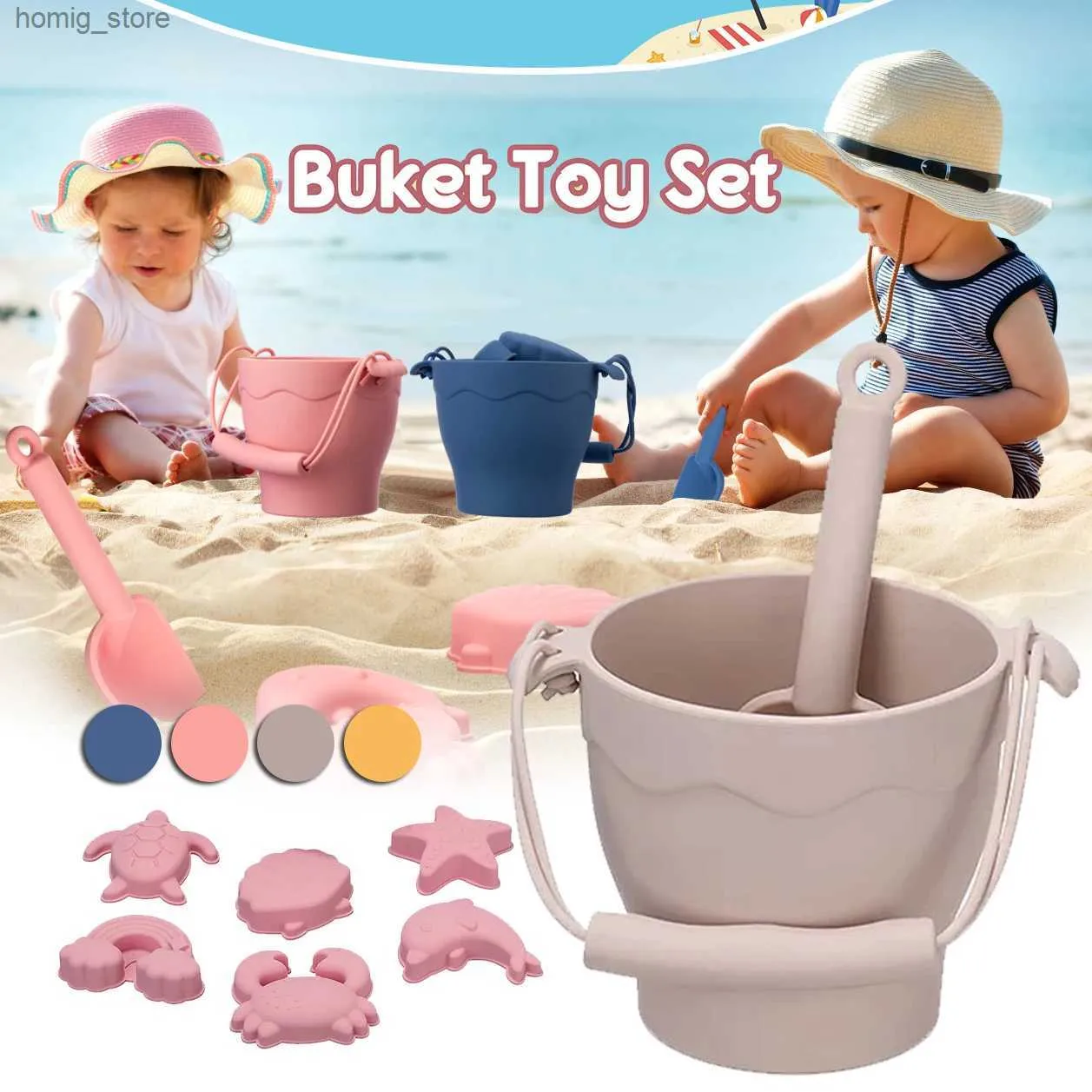 Sand Play Water Fun 8 Strandspielzeug ohne Bisphenol A Food Grade Silicon Fun Sommer Outdoor Kinderspielzeug mit Eimer 4-Farben-Strand-Set Y240416