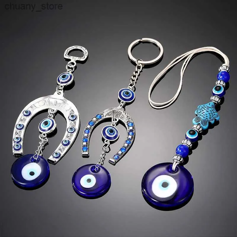 Keychains Lanyards Blue Evil Eye Horseshoe form Charm Keychain Keyring For Women Män Glass Vintage Fish Lucky Eye Pärla Bagbil Key Pendant Jewelry Y240417