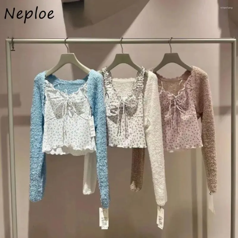 Damen Strick Neploe süßer Blumendruck Schnüre -up Sets Sling Velvet Elegante solide Modeskette Japan Frühling Schöne Anzüge Tops