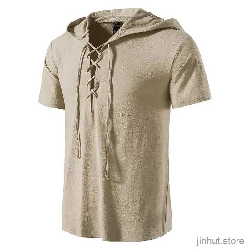 Men's T-Shirts Summer Solid Color Beach Yoga T-Shirt Mens Short Sleeve Cotton Linen T-Shirt Hoodie Shirt