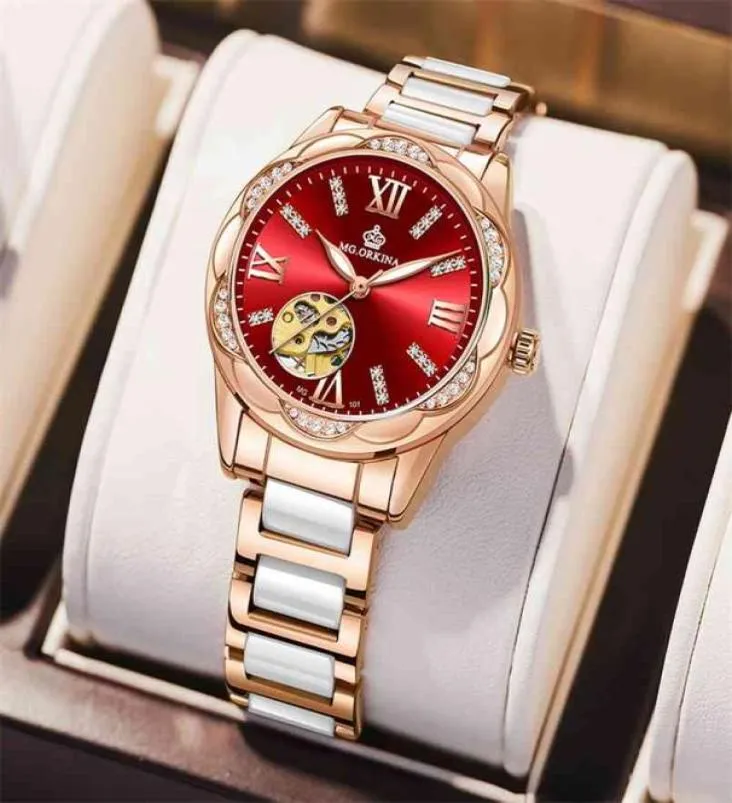 Les dames regardent rose gold diamant creux automatique de bracelet mécaniques automatiques Femmes Luxury Top Brand en céramique STRAP FEMME AA 210704495409