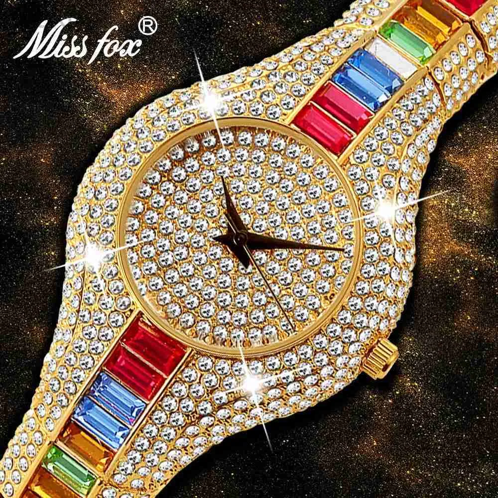 손목 시계 Missfox Mix Baguette Diamond Women Watches Luxury Ladies Gold Watch Shopproof Waterproof Small Womens for Female Clock D240417