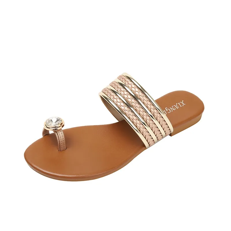 Coutgo Womens Dressy Flat Sandals Open Toe Slip On Leather Summer Beach Slide Sandals, Beige, 6