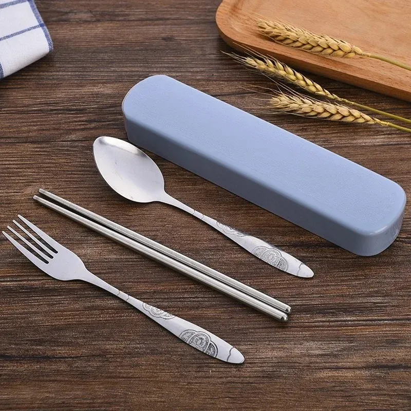 Portable Travel Tableware Set Stainless Steel Dinnerware with Box Kitchen Fork Spoon Dinner Set for Kid School Flatware Cutlery