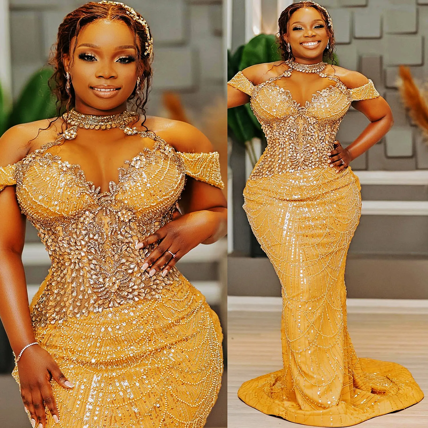 2024 ASO EBI Gold Mermaid Prom Dress Crystals Off Spalla Scera Formale Partito Secondo Accoglienza per 50 Birthday Gowns Dresses Abite Robe De Soiree ZJ343