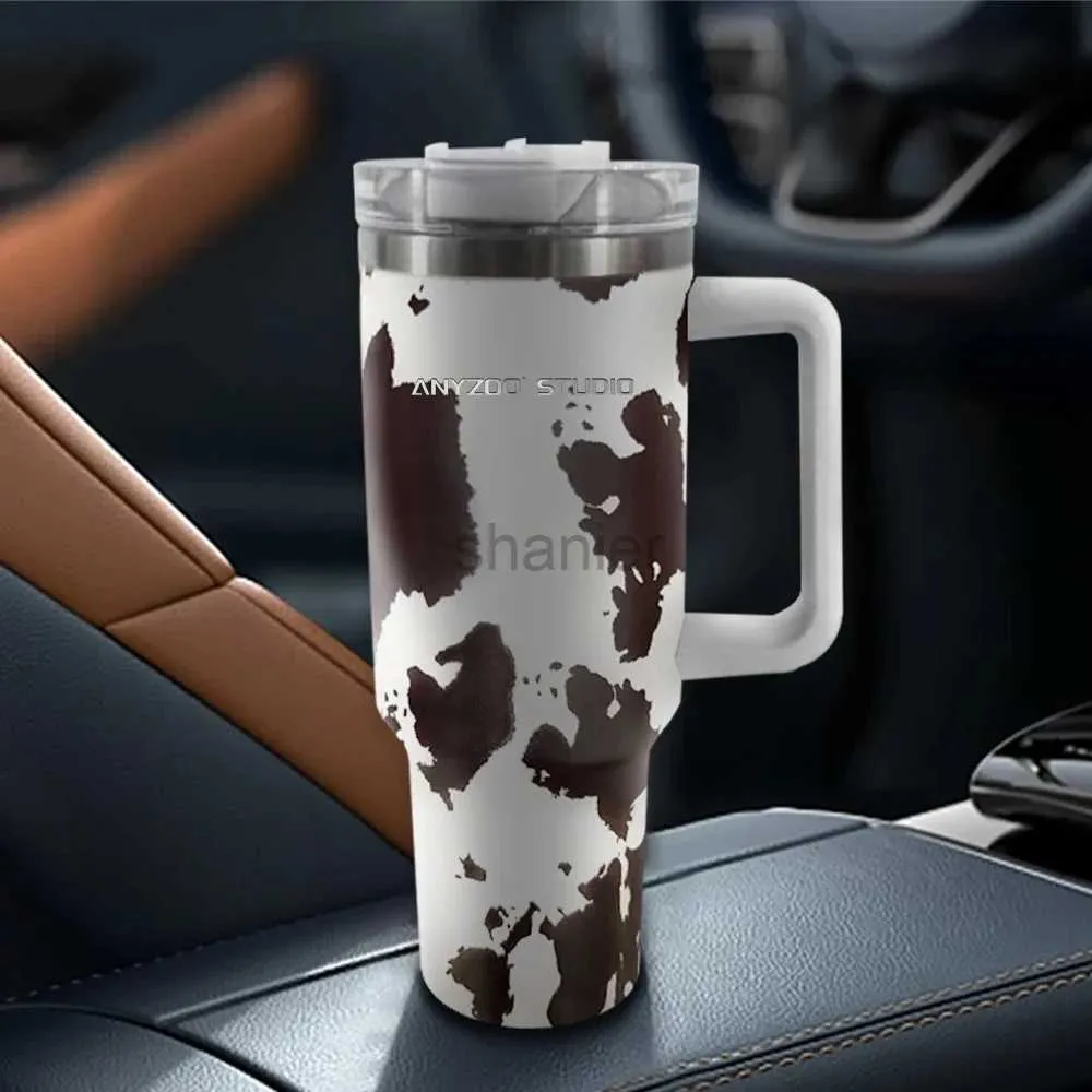 Mugs 40 oz tumbler with handle with Straw Lids Stainless Steel Coffee Termos Cups Car Mugs vacuum cup Cute Cow Print Thermos Cup 240417