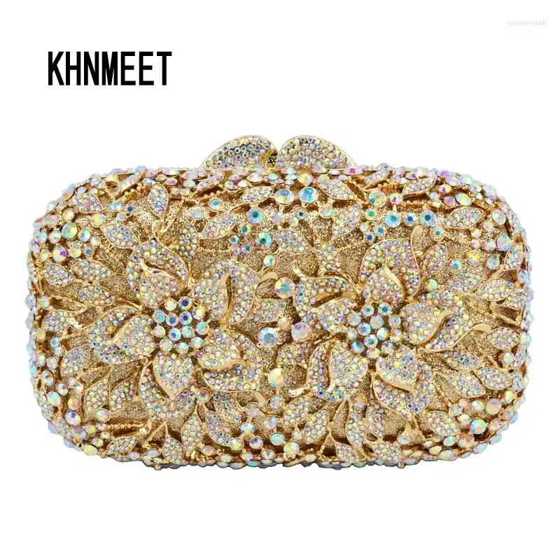 Totes KHNMEET Golden Luxury Crystal Diamond Clutch Bag Bridal Wedding Sparkly Rhinestone Cocktail Banquet Pochette Purse SC437