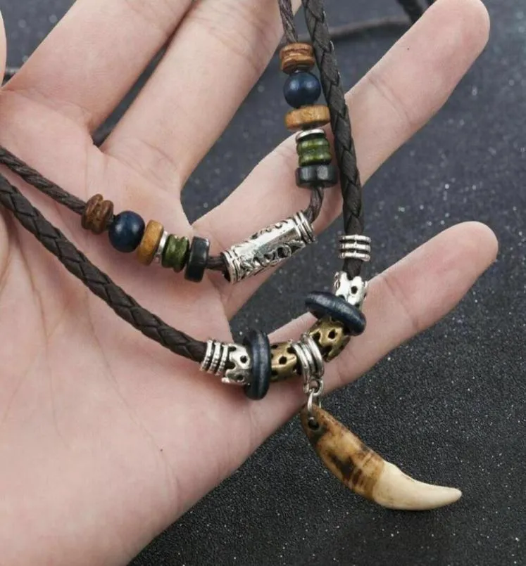 Chokers 2021 Mężczyźni Vintage Wolf Tooth Naszyjnik wielowarstwowy skórzany z koralikami modlitwa Lucky Bohemia Jewelry65133072410935