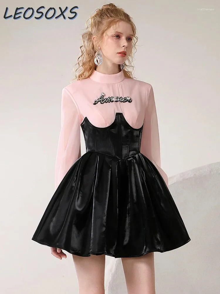 Casual klänningar 2024 Spring Organza Lantern Sleeve Contrast Color Puffy Dress Female Cool Sweet Girl Ball Gown Women Clothing