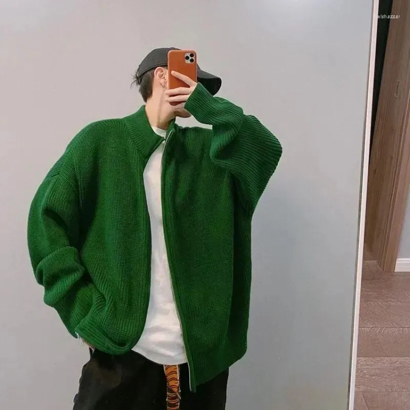 Herrenpullover Kleidung Kleidung Zip-up Grüne Reißverschluss Strickpullover männliche Strickjacke Kragen einfache Farbe Overfit lässig über Fit Y2K Streetwear