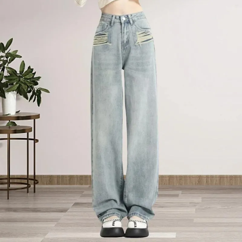 Jeans para mujeres 2024 Pantalones rectos de color luz de moda Piso perforado arrastrando pantalones de chándal vintage de piernas anchas para mujeres
