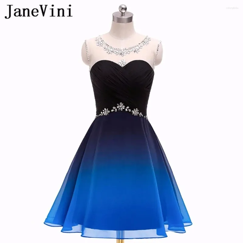 Feestjurken Janevini elegante gradiënt chiffon short prom 2024 schep nek een lijn kristal kralen plus size mini formele avondjurken