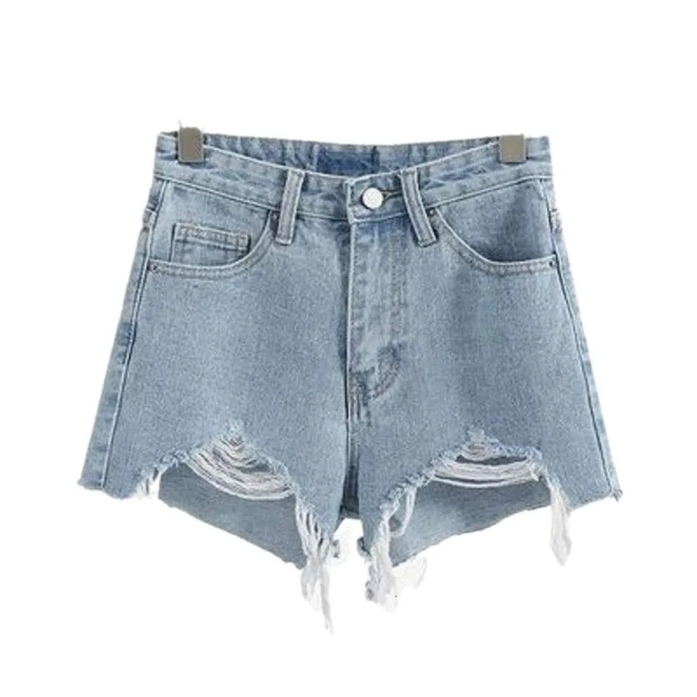 Denim katoenen hete broek zomer Koreaanse versie hoge taille denim shorts voor vrouwen gepersonaliseerde randende brede beenbroek voor dames kleding