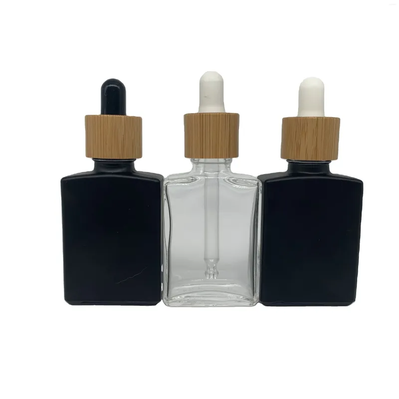 Storage Bottles 5Pcs 30ml Rectangle Essential Oil Bottle Bamboo Lid Customize Frosted Black Cosmetic Glass Dropper For Colognes Tincture