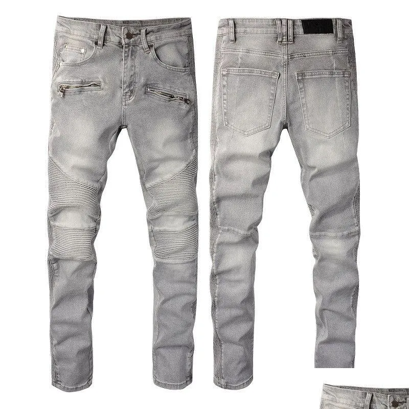 Mens Jeans Denim Skinny Designer Black Ripped Man Rip Straight Leg Zipper Fly Hole Fashion Long Hip Hop Men White Pants 20Ss Rock Grey Dhreh