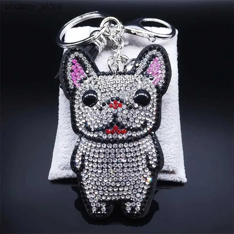 Keychains Lanyards Söt fransk bulldogg Crystal Tassel Keychain Bag Accessories Lovely Animal Dog Keyring Holder Pet Lover Gift Jewelry Porte Cl Y240417