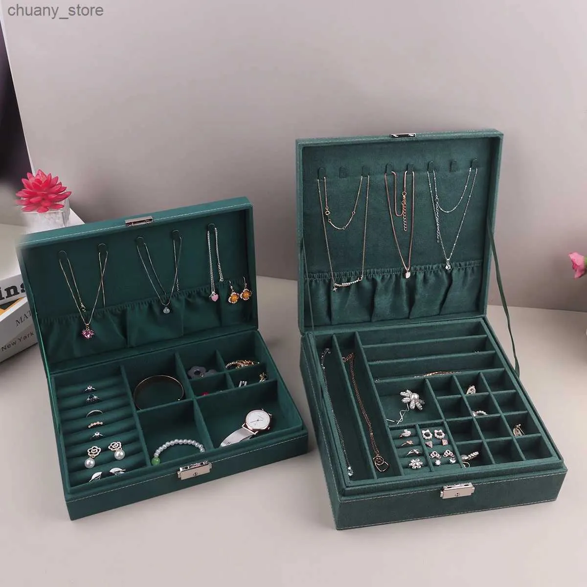 Accessoires Organisateurs d'emballage New Green 3layer Flannel Jewelry Organisateur Colliers Boucles d'oreilles Bagues d'affichage Base de support pour femmes Large Cap Y240423 NFSR