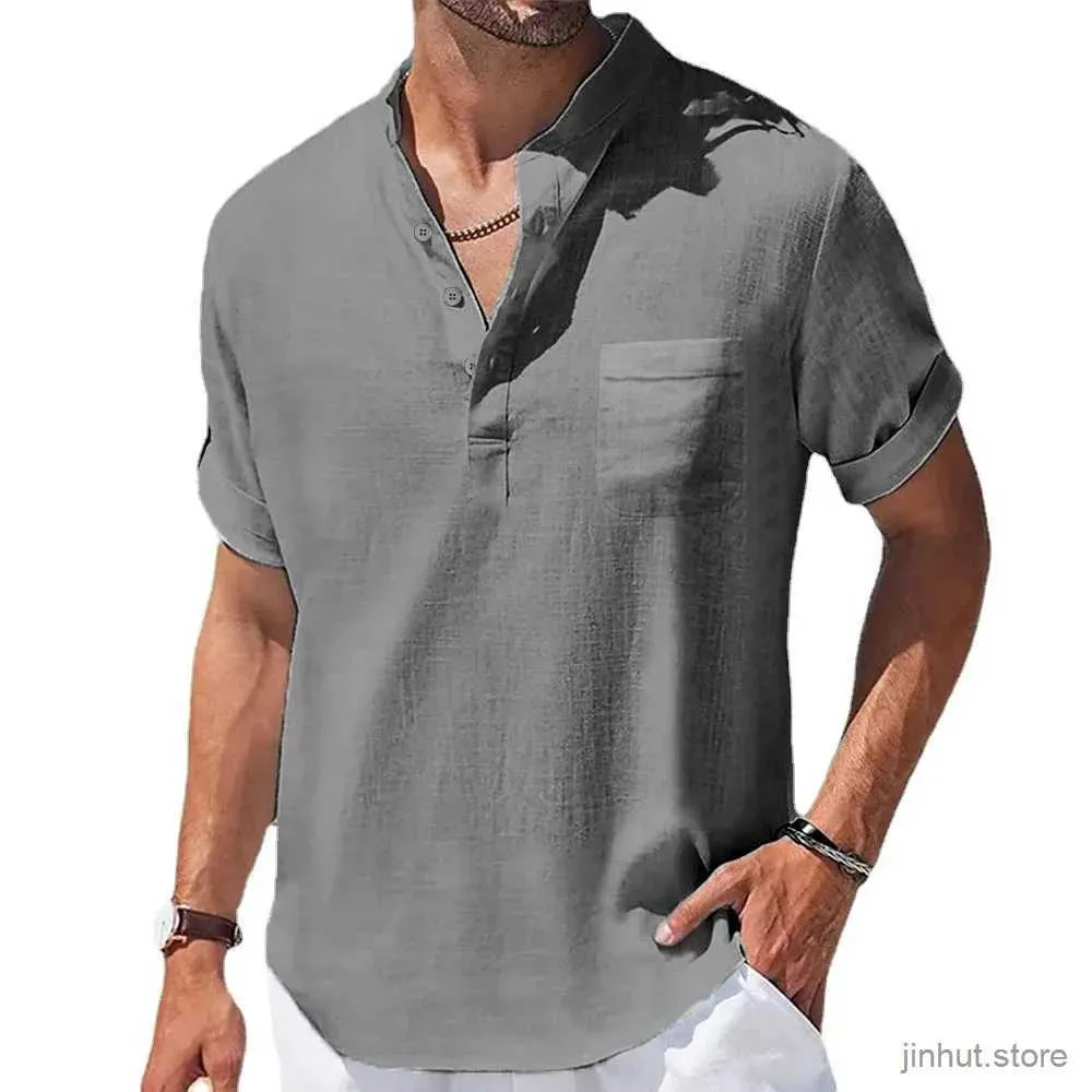 Men's T-Shirts Summer New Mens Cotton and Linen Shirts Short-Sleeved T-shirt Henry Collar Casual Mens T-shirts Shirt Male Men Clothing