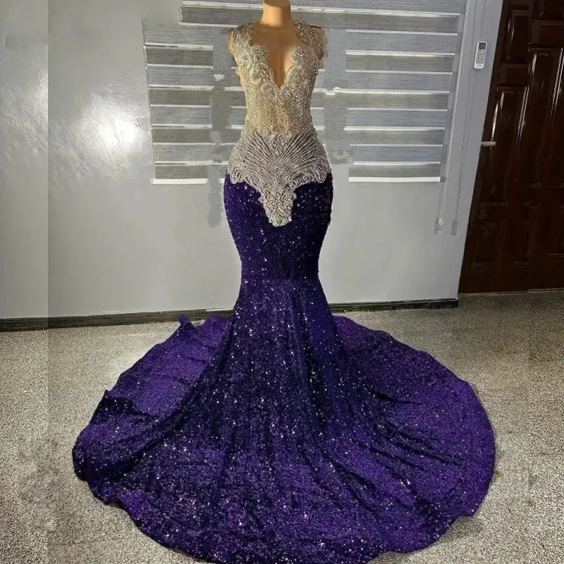 Elegant Purple Prom Dresses 2024 Zipper Back Crystal Sequin Mermaid Rhinestone Party Gowns Evening Wear Robe De Mariage