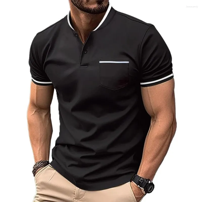 Herr t -skjortor skjorta sport kort daglig semester randig tee v hals 1pcs knapp casual topp polyester hylsa stativ krage