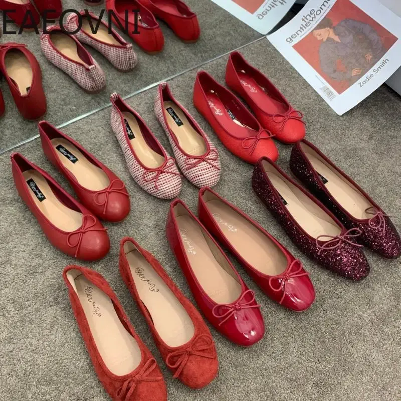 Sapatos planos de balé vermelho Moda rasa de mulheres, senhoras, bailarina de casamento suave 240409