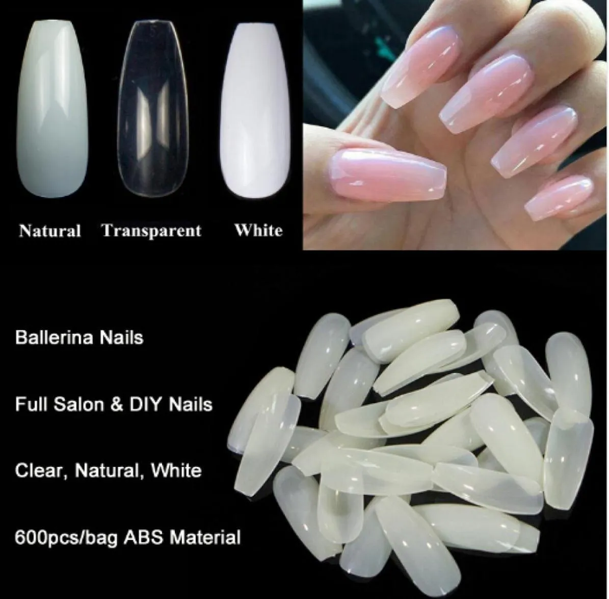 600pcsBag Ballerina Nail Art Tips TransparentNatural False Coffin Nails Art Tips Flat Shape Full Cover Manicure8870698