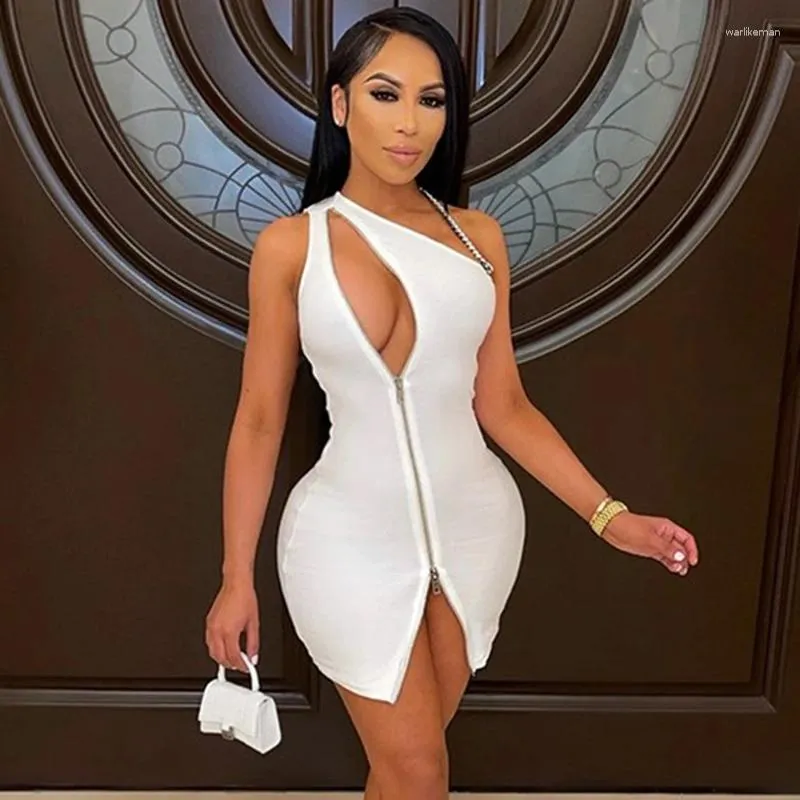 Casual Dresses Summer Hollow Out White Mini Dress Skew Collar Slit For Women Streetwear Sleeveless Black Bodycon