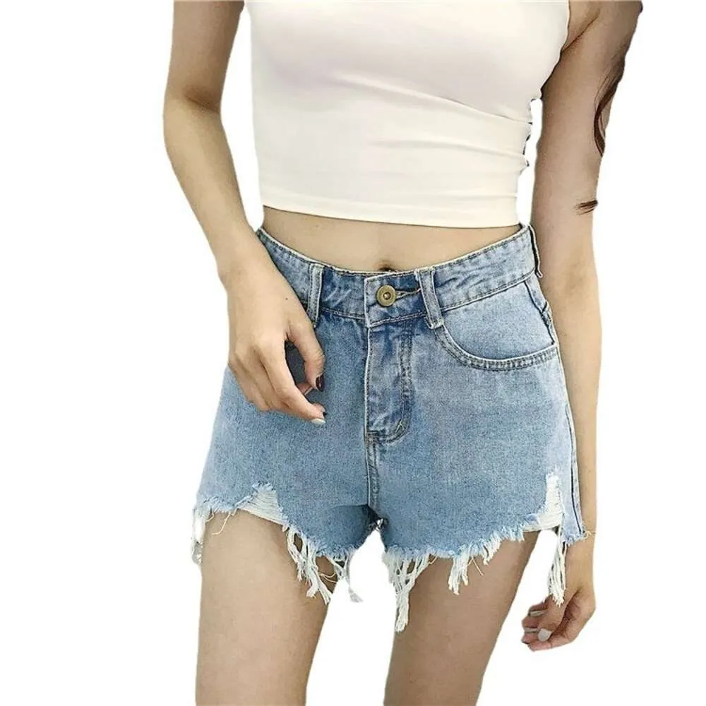 Lös version montering av bantning med hög midja denim shorts sommar mode mångsidig päls kant kryddig tjej en linje denim heta byxor