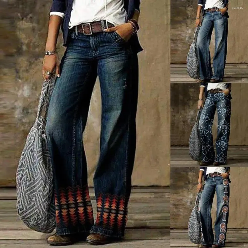 Jeans féminins 2024 Casual Plus Size Loose Femme Automne hiver élégant Pantalon de jean à imprimé floral