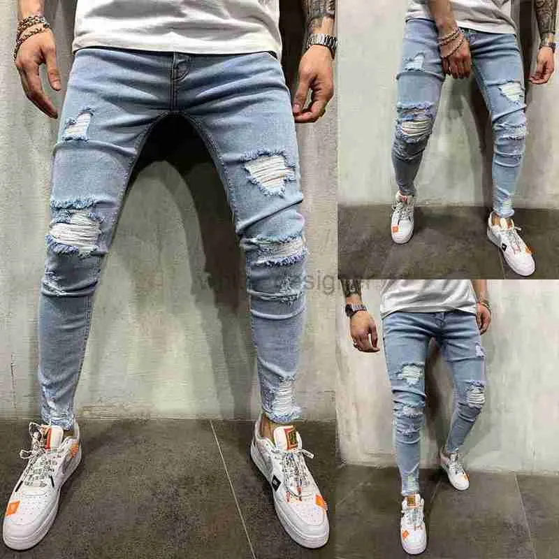 Designer jeans voor heren high street heren slanke kleine voet geschraap denim broek mode jeugd holed jeans grote broek