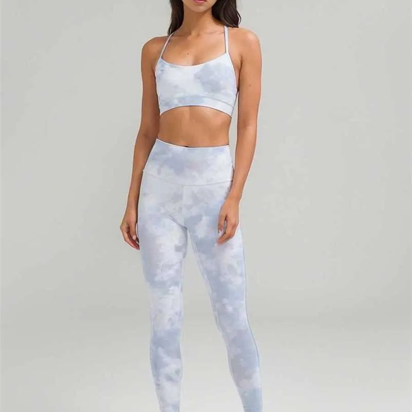 Set Tie Dye Printed Nylon Sports Womens Tight Yoga Clothes Long Pants BH Underwear Jogging and Leisure