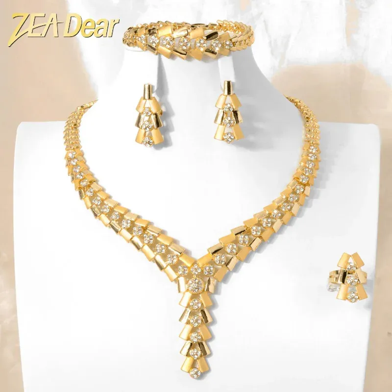 Zeadear Bridal Jewelry Set Nigeria African Luxury Zirconia 18K Gold Plated Neckace Armband Earring Ring for Women Wedding Party 240410