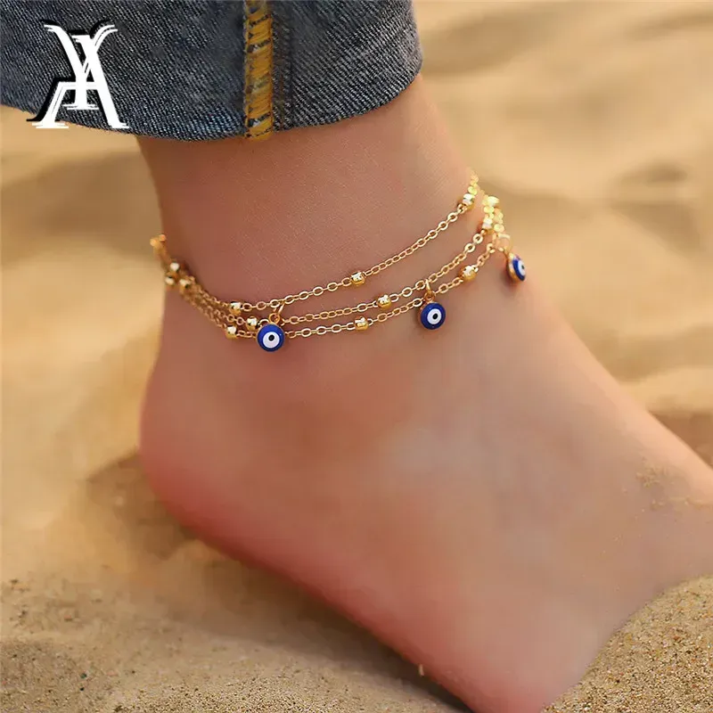 Anklets bohemiska ankelarmband för kvinnor flera lager turkiska ögon ankel 14k guld armband barfota sandaler pulseras fot smycken