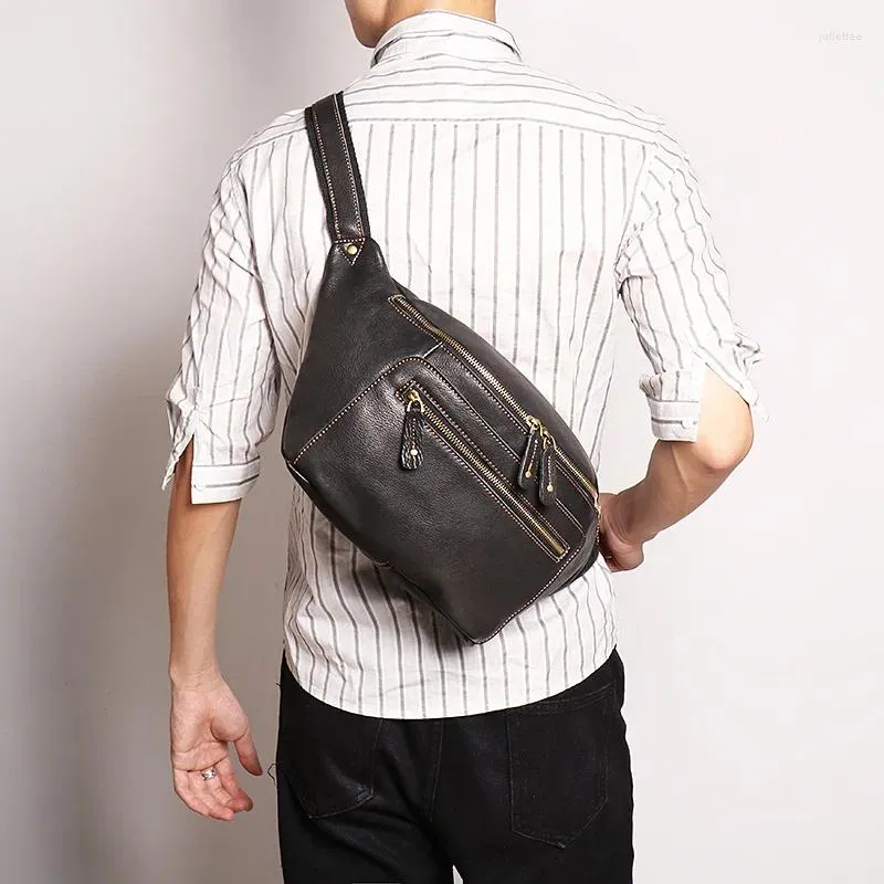 Drawstring gränsöverskridande herrläder Fanny Pack Cowhide Multifunktionell crossbody-väska Singel Axel utomhus Riding Chest