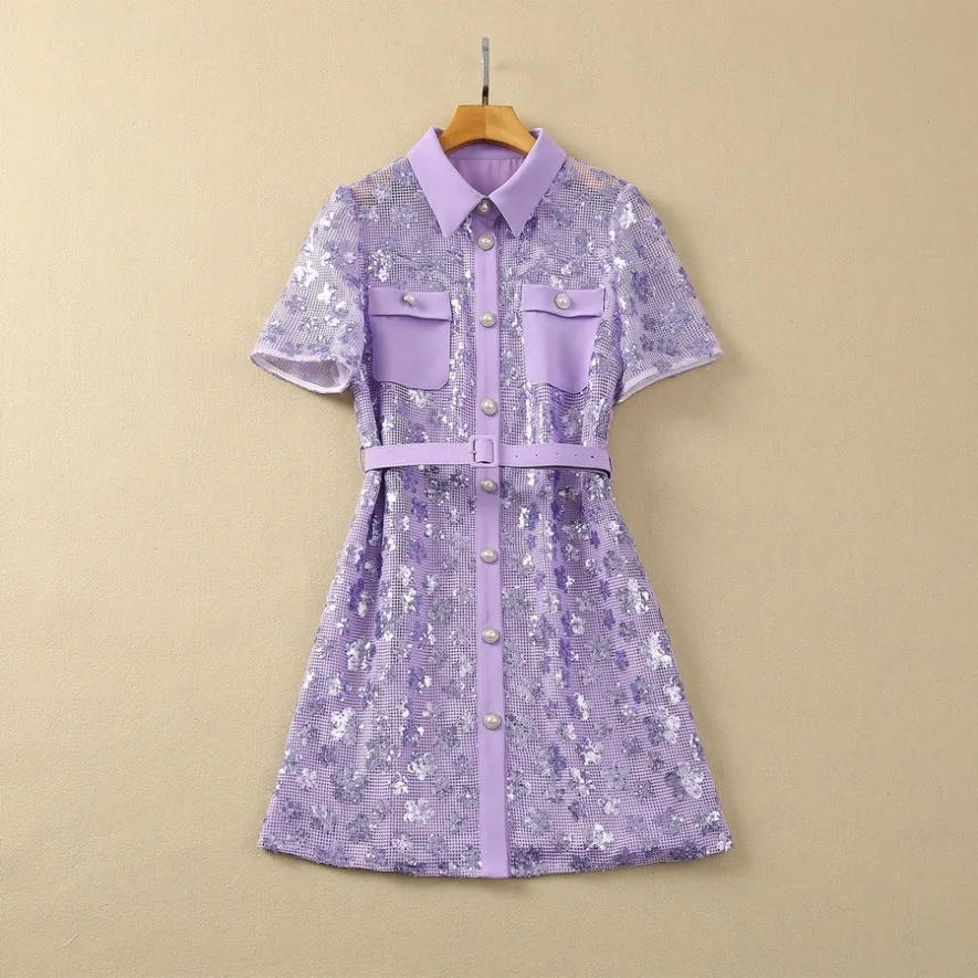 Spring Lavender Plaid panelowe cekiny kwiatowe Sukienka Czarna krótkie rękawowe szyję z pojedynczą długością kolan luźne sukienki S4J290125 Plus w rozmiarze xxl