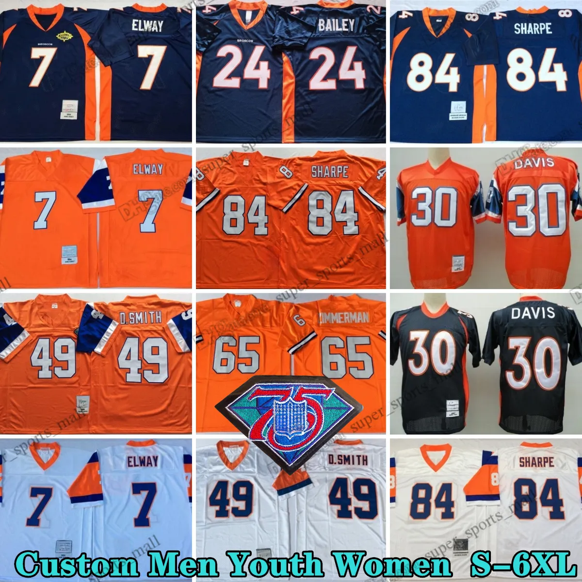 Custom NCAA 75th Vintage 7 John Elway Football Jerseys 77 Lyle Alzado 24 Champ Bailey 84 Shannon Sharpe 65 Gary Zimmerman 18 Peyton Manning 57 Tom Jackson Atwater