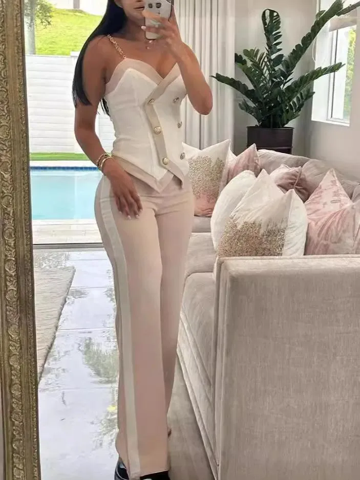 Womens Two Piece Pants Elegant Color Block Set Double Breasted Chain Strap Top Straight Leg Outfits Clothing From 22 41 DHgate