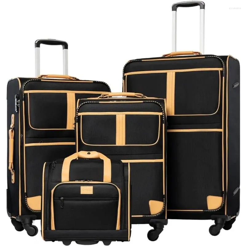 スーツケースキャリーオン荷物4ピースセットスーツケース拡張可能なTSAロックスピナーソフトシェルブラック