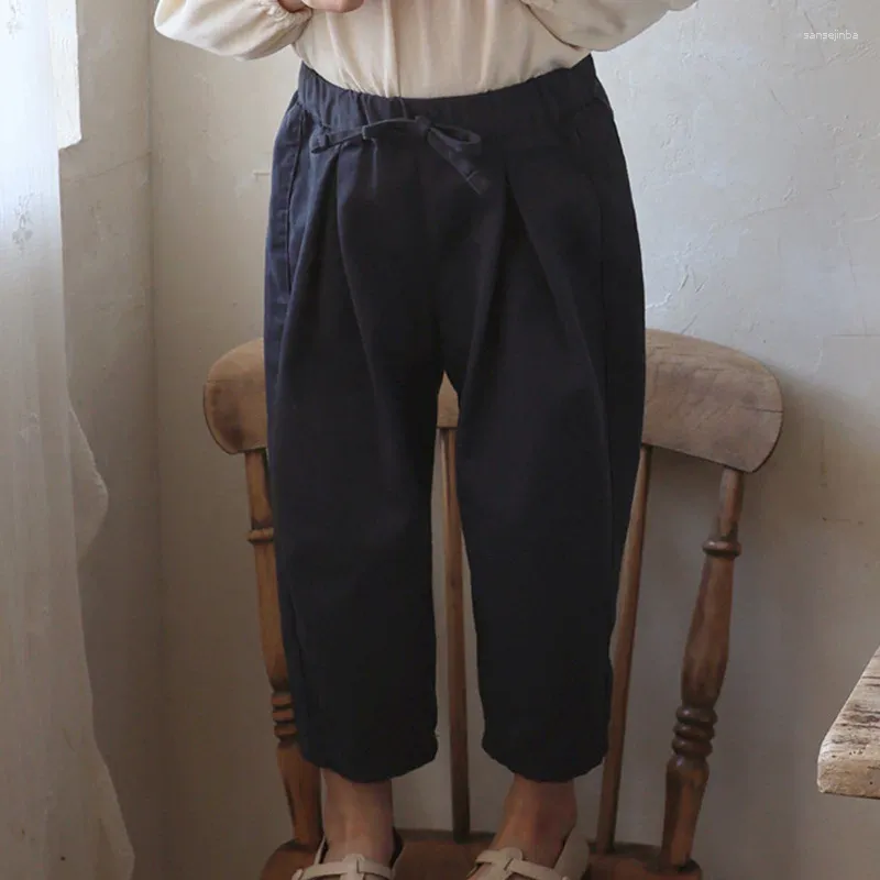 Trousers Kids Pants Spring Korea Girls Children Clothing Elastic Waist Versatile Bow Knot Causal Soild 2024 Simple Pleated
