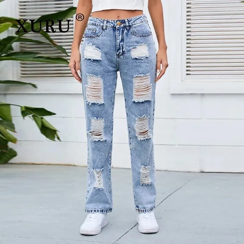 Frauen Jeans Xuru - Europäischer und amerikanischer Distressed Wear Trendy gewaschene weiße mittlere Taille Long K1-6236