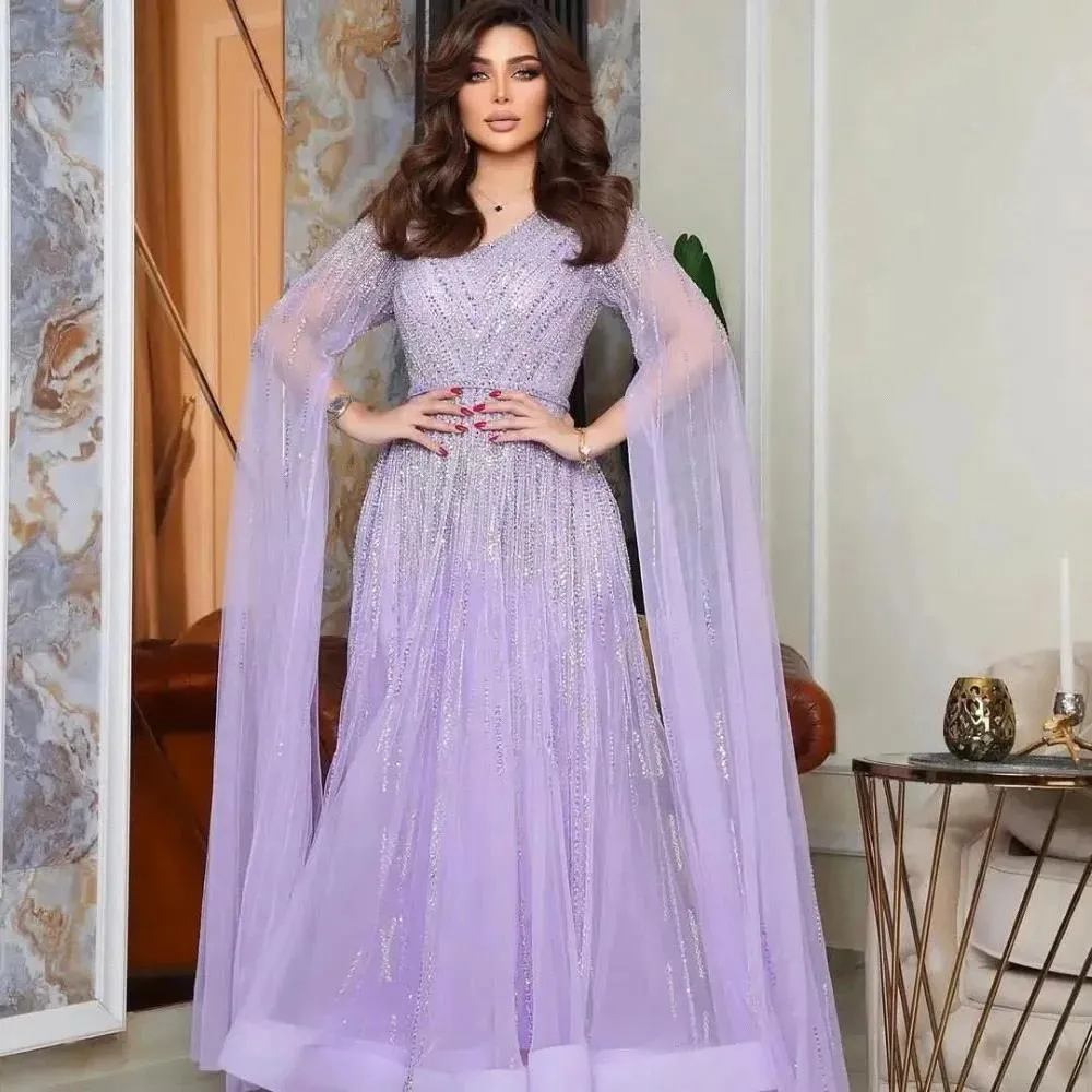 Fairy Lavender Arabic Dubai Long Sleeve Evening Dresses A Line Beadings Sequins Women Celebrity Gowns Prom Party Vestidos BC18435