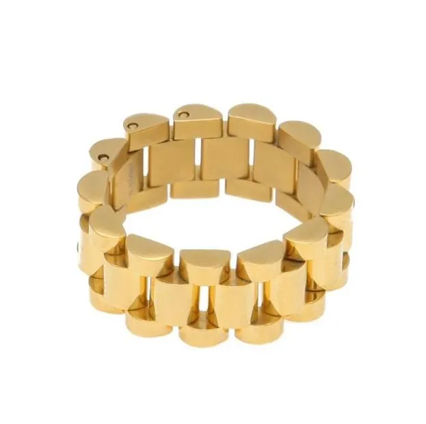 Tize de qualité supérieure 812 Hip Hop Melody Ehsani Band Ring Men039s en acier inoxydable Gold Couleur présidente Watchband Link Style Ring3120997