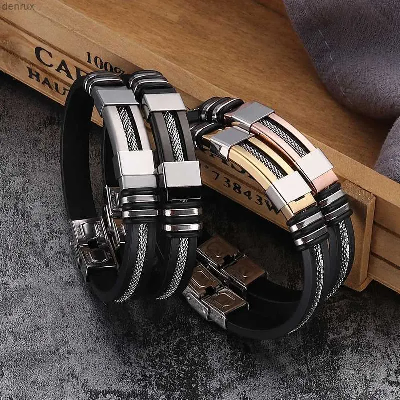 Moda Bangle Fashion Bracelets Bracelets Men Men Brance Black Rowed Silikon Silikon Silikon Link Insert Punk Breyband Casual Banglesl240417