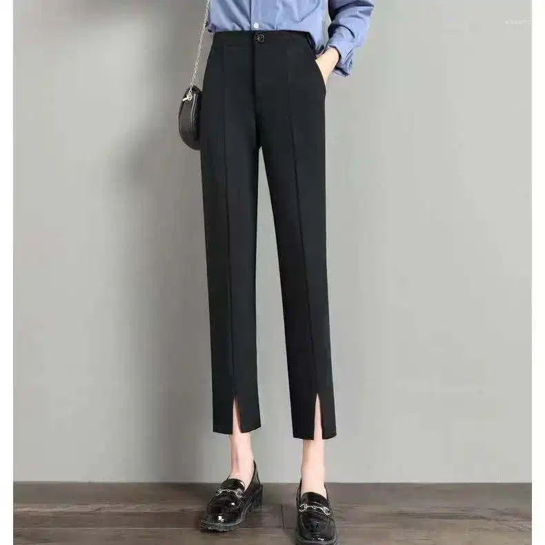 Pantalones de mujer traje negro para mujeres botón coreano pantalones de la oficina dama cintura de moda damas trabajo t831