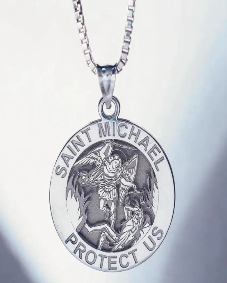 Pendant Necklaces Round Angel St Michael Medallion Necklace St Christopher Sliver Gold Color Cuban Curb Chain2371916