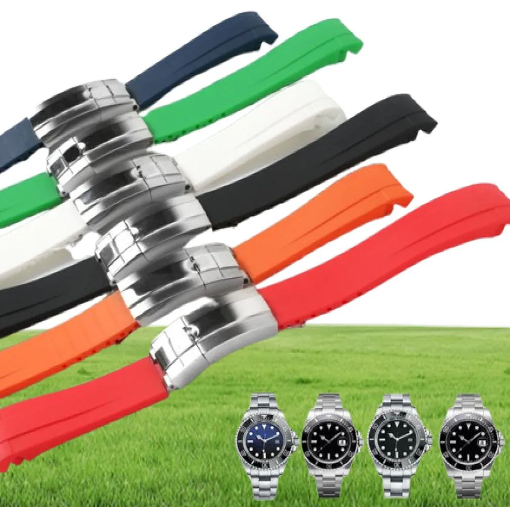 Waterdicht rubber voor zee Deep Watchband roestvrijstalen vouw implementatie Buckle Watch Band Riem Bracelet Watch 21 mm Zwart Blue RE6032965